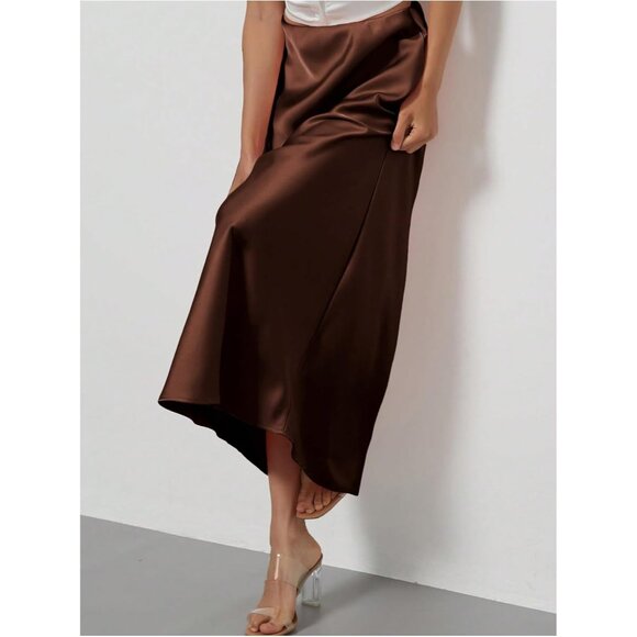Women Chestnut Brown 100% Polyester Satin A Line Long Elegant Office Maxi Skirts - Picture 2 of 5